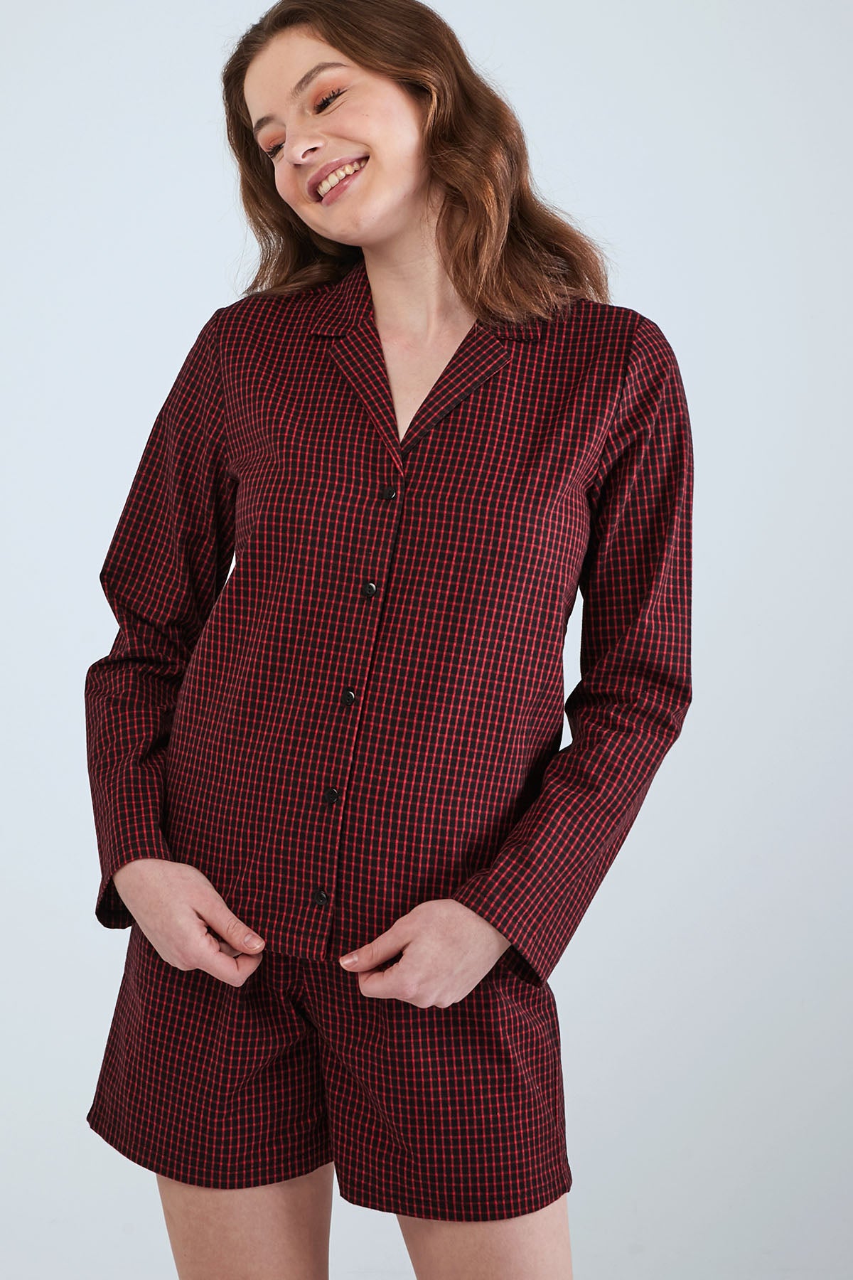 Partterned Shirt Long Sleeve Pyjama Set - Maroon